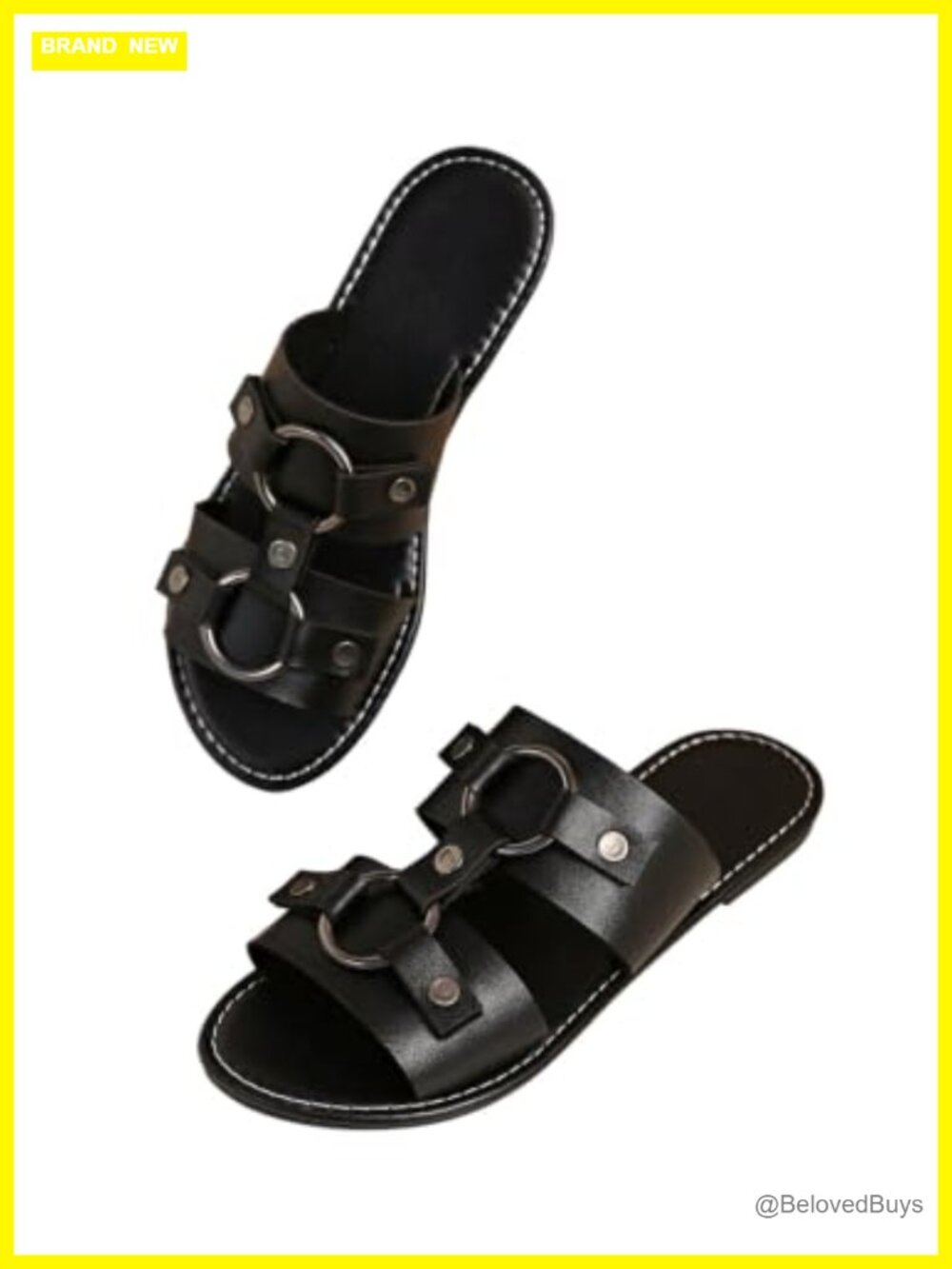 Faux Leather Ring Buckle Flat Sandals Open Toe Wide Strap Slide